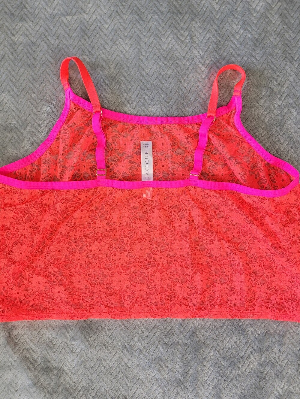Cacique Plus Size 18/20 Pink/Red Floral Lace Cami Camisole Adjustable Sheer Neon - Picture 3 of 7